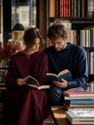 Couple reading and discussing books