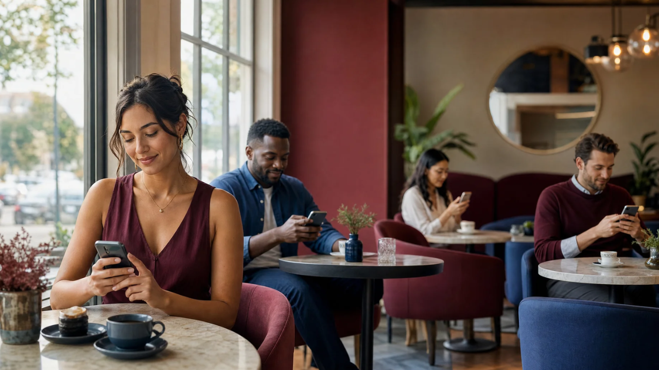 Adults using dating apps in a modern café