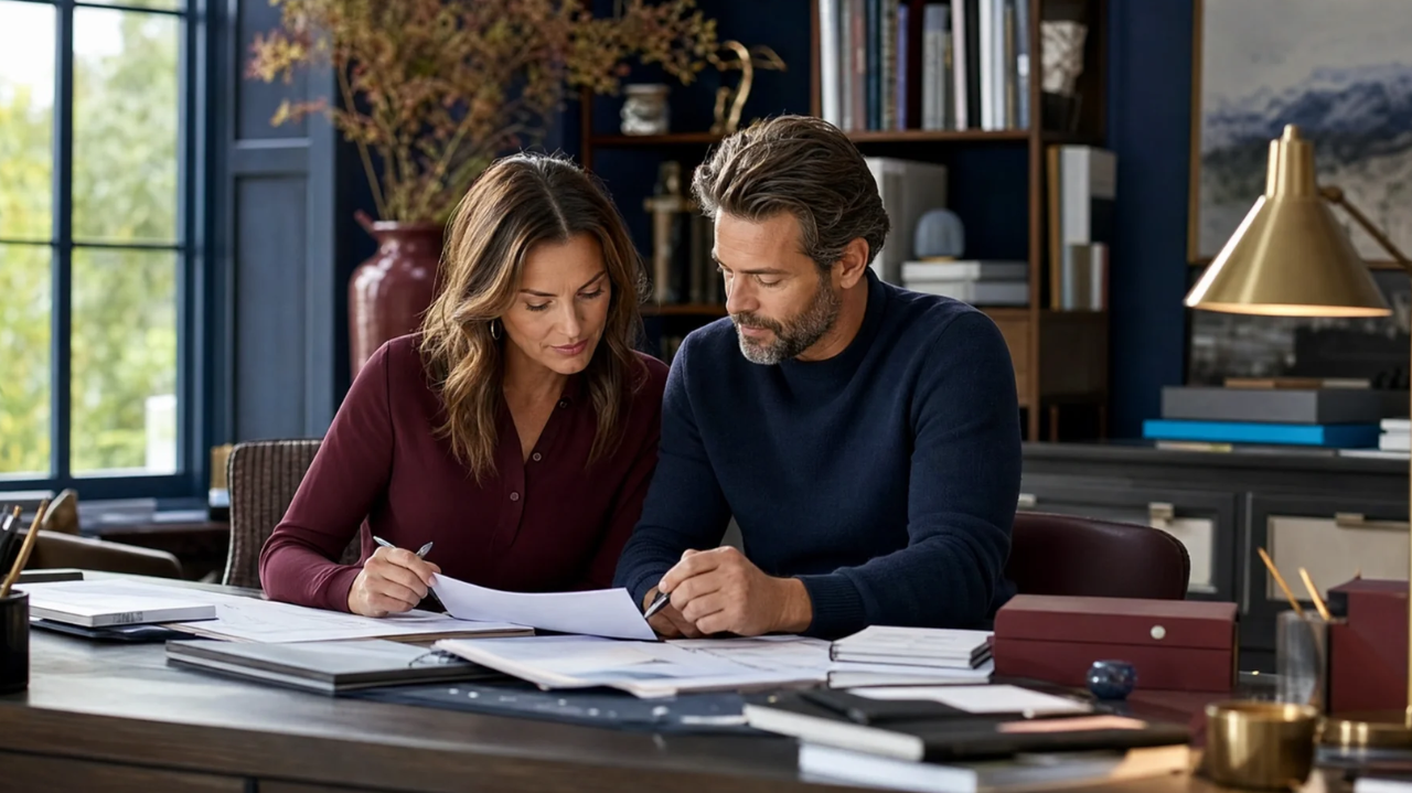 Couple reviewing dating research and notes